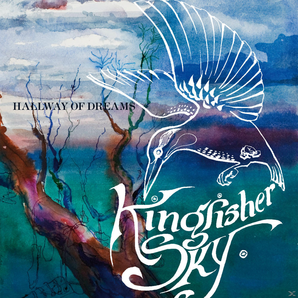 Egy stilizált fehér jégmadár repül egy fa és a „Kingfisher Sky” cím felett.