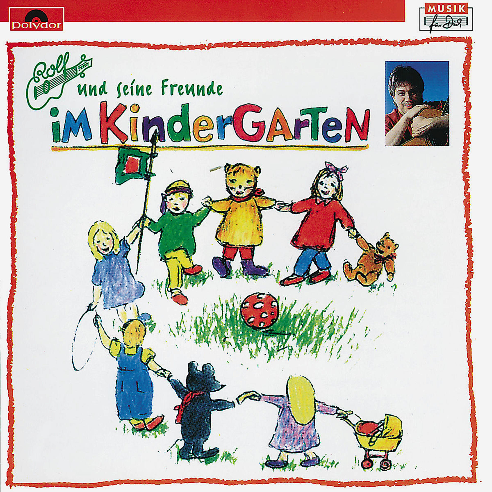 Kinder-Musikalbumcover mit Zeichentrickfiguren und Kinderfoto.
