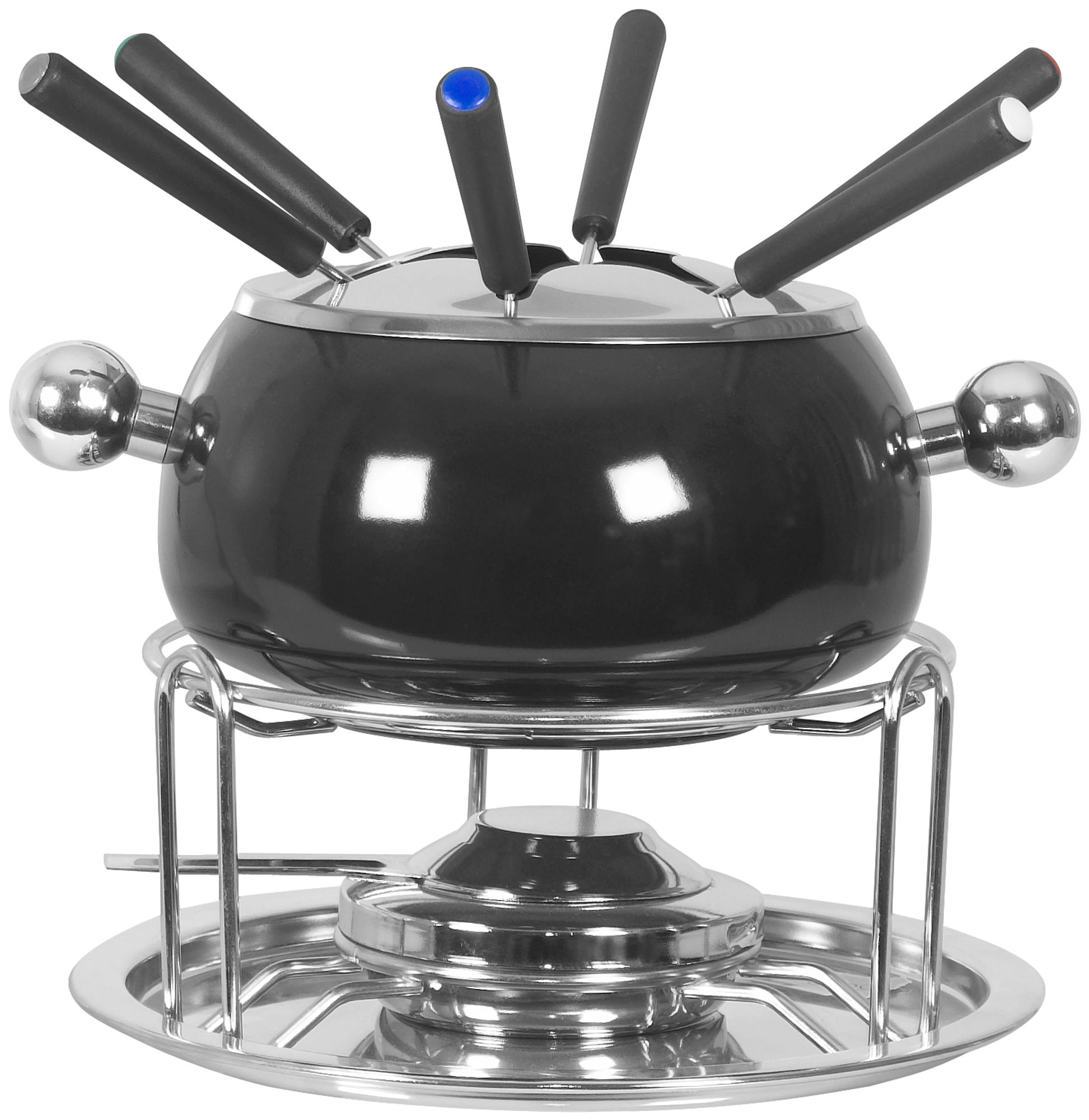 Set fonduta con pentola nera, forchette ed elemento riscaldante su supporto argento.