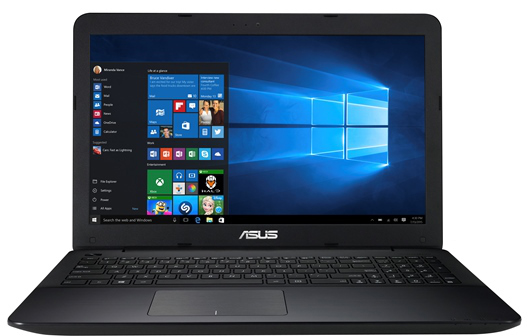 Ein schwarzer Laptop mit einem Bildschirm, der die Windows-Oberfläche zeigt. Der Hintergrund ist eine weiße Oberfläche.