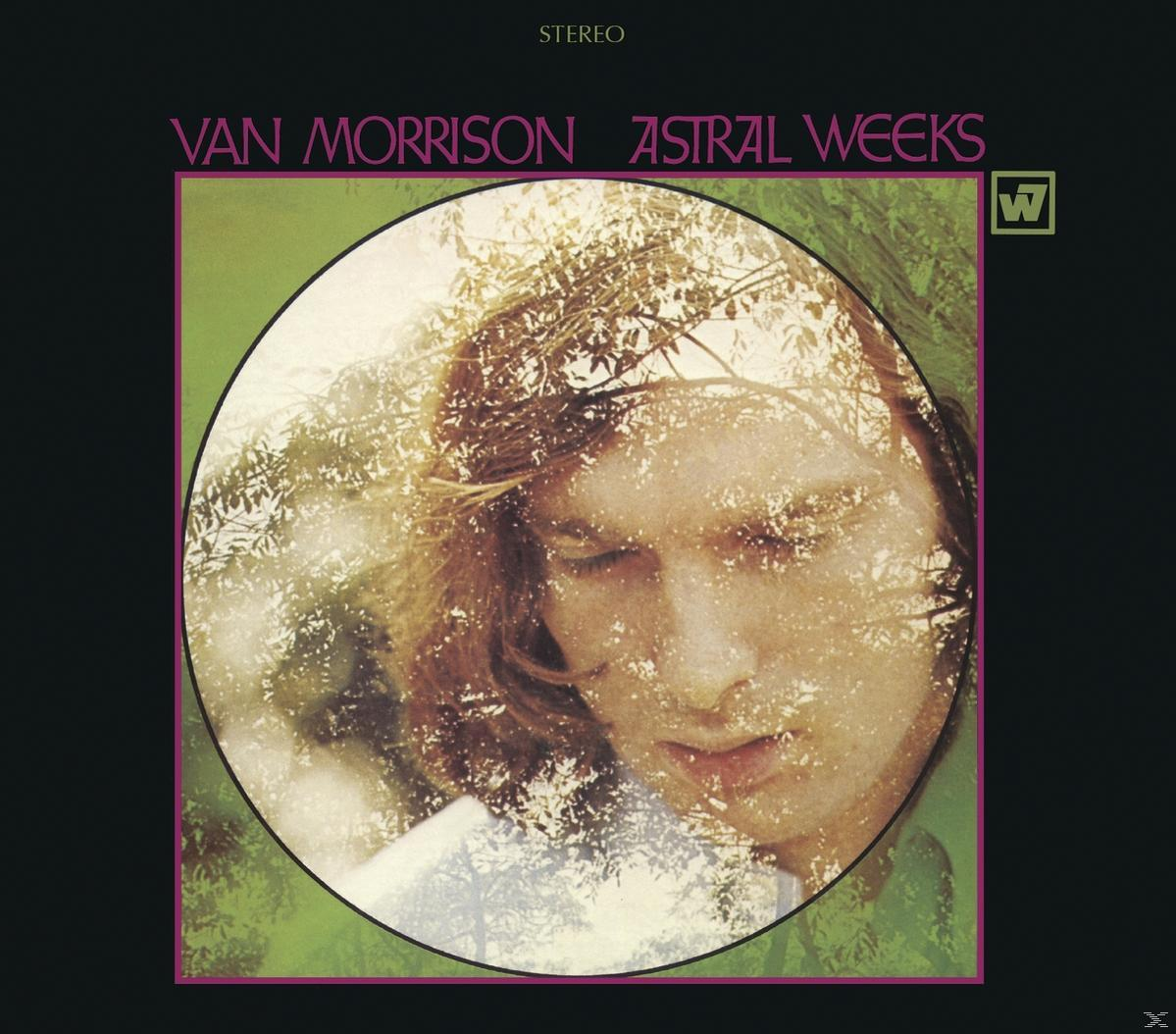 Astral Weeks Albumcover. Van Morrisons Gesicht in einem Kreis mit Baum-Overlay auf dunklem Hintergrund.