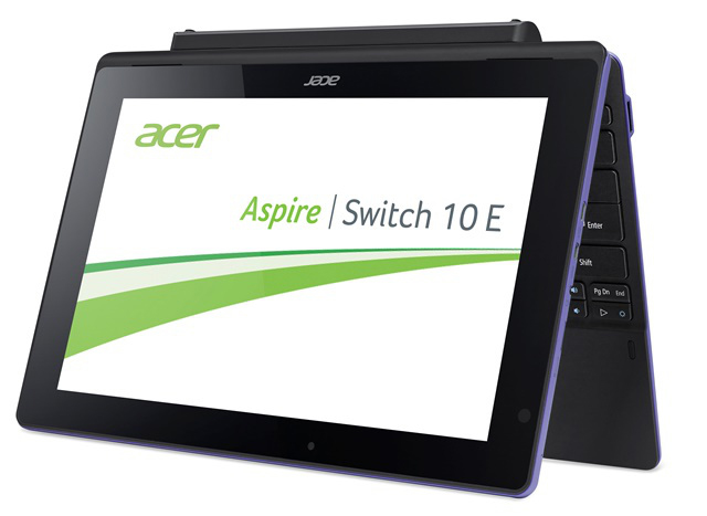 Acer Aspire Switch 10 E Tablet in Lila und Schwarz. Weißer Bildschirm mit Text. Weißer Hintergrund.