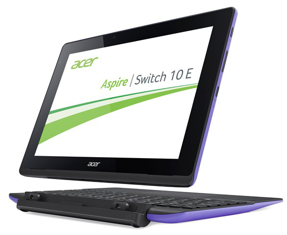 Acer Aspire Switch 10 E Tablet mit Tastatur-Basis. Der Bildschirm zeigt das Acer-Logo.
