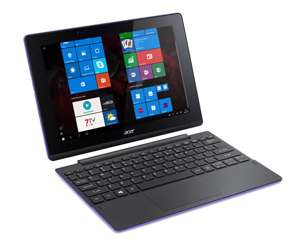 Schwarzes Tablet mit Tastatur, lila Zierleiste, App-Symbole auf dem Bildschirm.