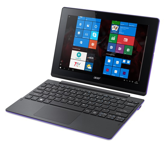 Acer-Tablet mit angeschlossener Tastatur. Bildschirm zeigt App-Symbole. Lila Rand. Weißer Hintergrund.