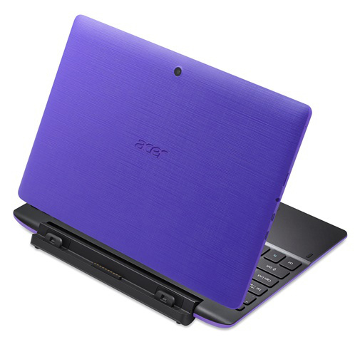 Lila Acer Tablet mit angeschlossener schwarzer Tastatur. Das Tablet ist leicht geöffnet und zeigt die Tastatur.