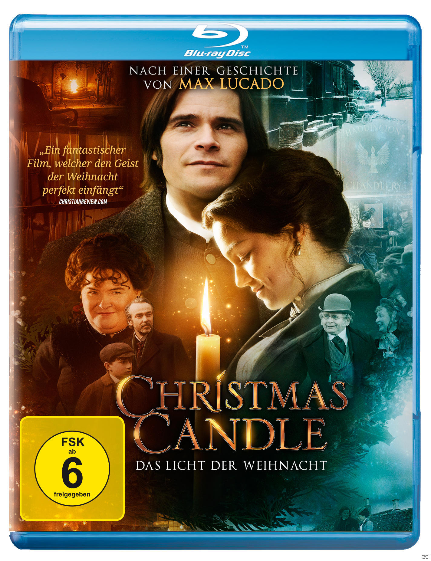 Blu-ray-Cover mit Schauspielern, Kerze, Titel 'Christmas Candle'. Gelber FSK-6-Aufkleber. Szene mit Schnee, Stadt und Kirche.