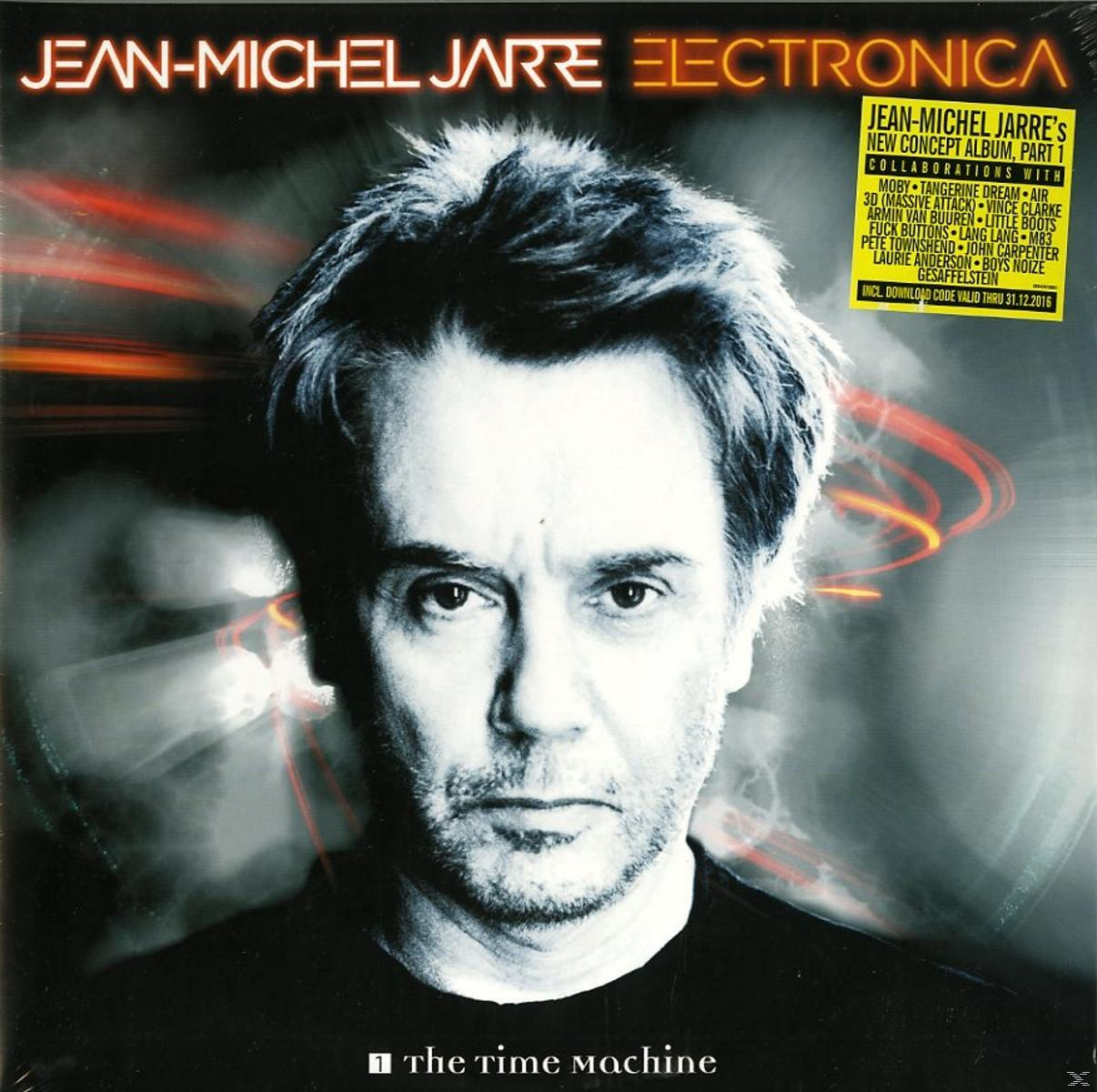 Album borító Jean-Michel Jarre-rel. Cím: 'Electronica'. Jarre arca és neon-szerű design látható.