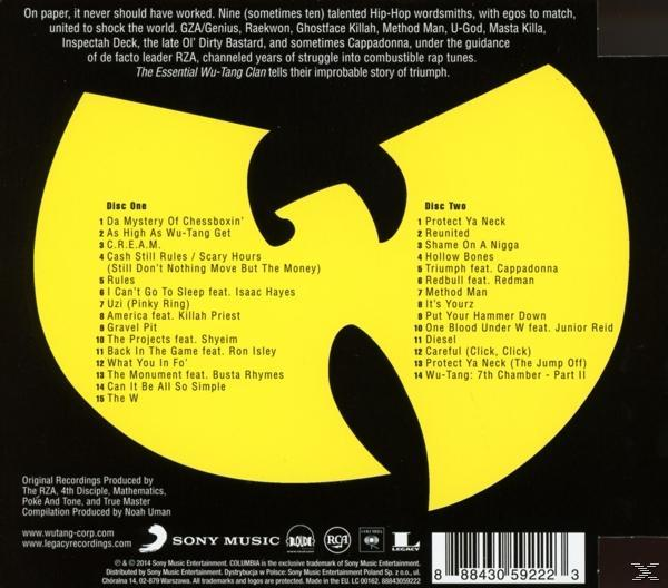 Pochette d'album avec logo jaune Wu-Tang Clan. Texte avec liste des titres, noms d'artistes et crédits.