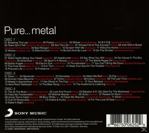Pochette de l'album 'Pure...Metal' avec différents noms de groupes.