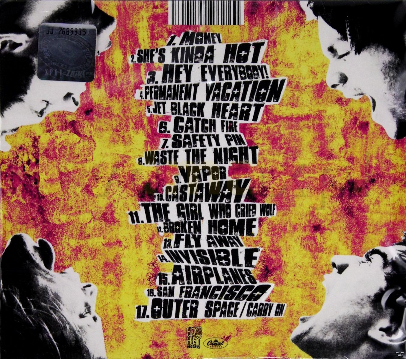 CD-Rückseite mit gelb-rotem Hintergrund, Text und Gesichter in Schwarzweiß.