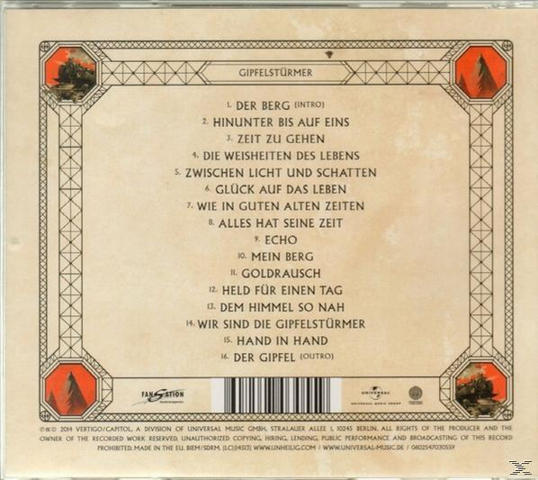 Rückseite einer CD-Hülle mit Titelliste und Berglandschaftsdesign. Deutscher Text.