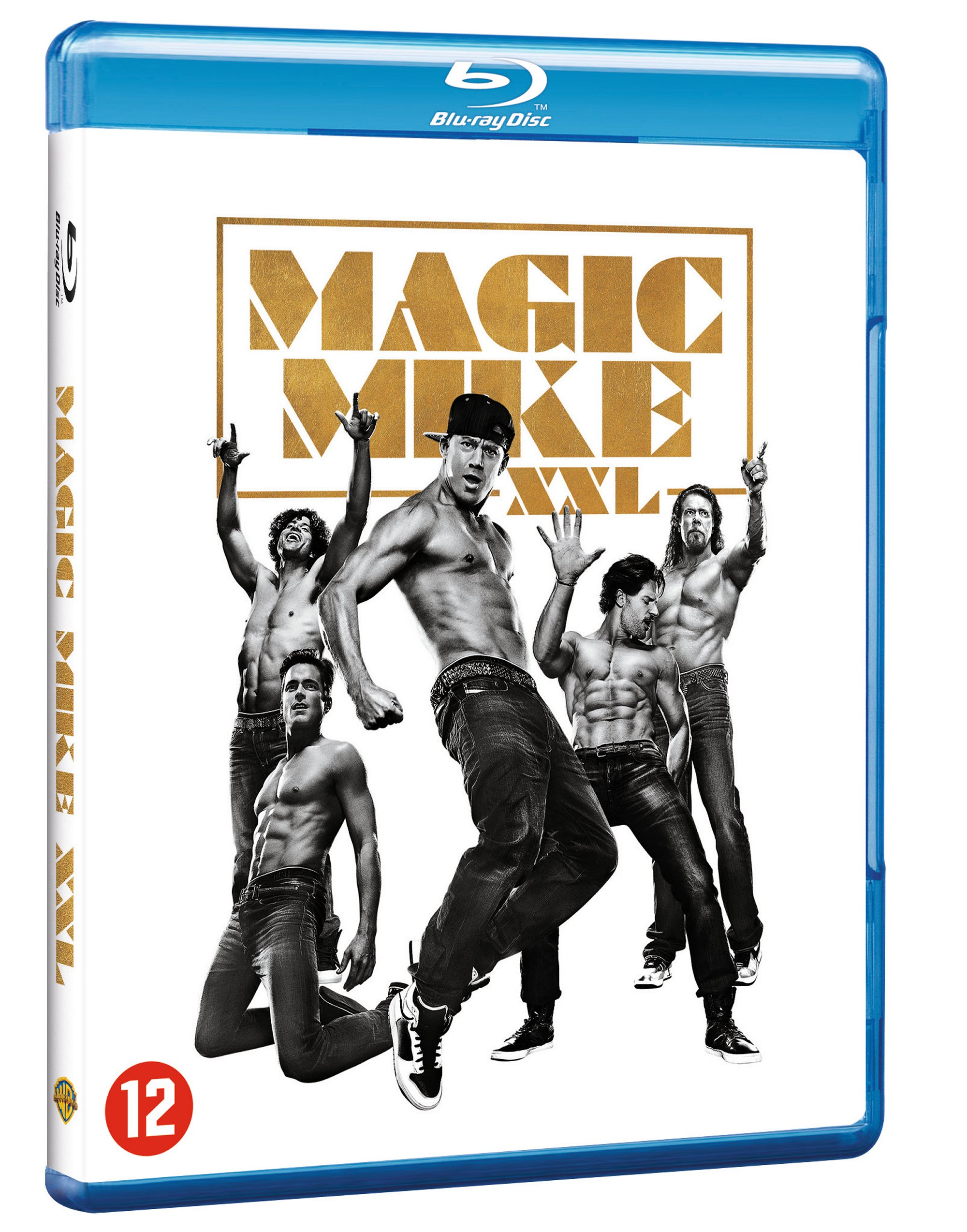 Pochette Blu-ray: Hommes en jean dansant, torse nu, texte doré "MAGIC MIKE XXL".