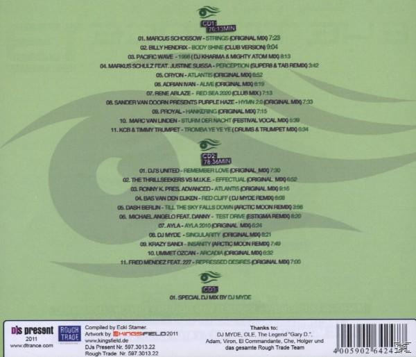 Eine CD-Hüllenrückseite mit grünem Hintergrund. Sie enthält eine Trackliste, Künstlernamen und einen Dankesbereich.