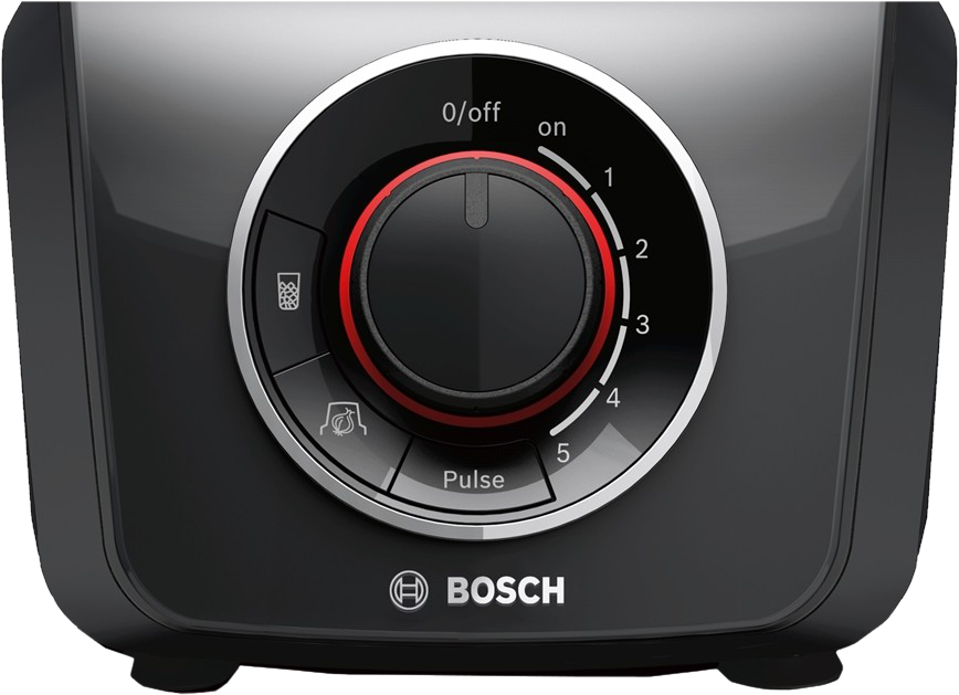 Fekete turmixgép vezérlőpanel forgatógombbal és gombokkal. Bosch logó.