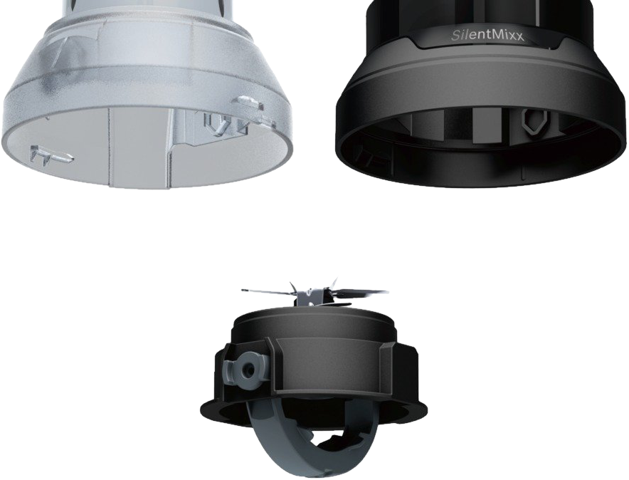 Egy turmixgép három része: rozsdamentes acél tál, fekete alap és pengék.