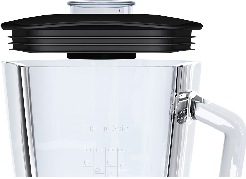 Közelkép egy átlátszó üveg turmixgép tartályról fekete fedéllel. Thermo Safe címke.