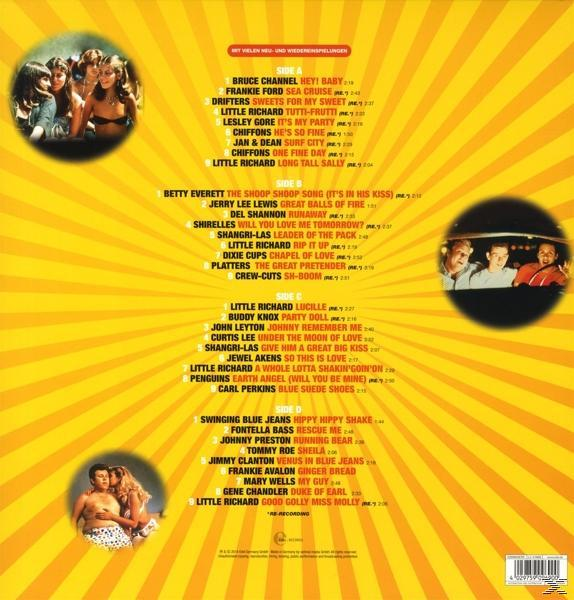 Rückseite eines Musikalbums mit Songtiteln, Bildern von Künstlern und Text auf gelbem Hintergrund.