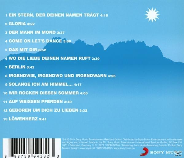 CD-Rückseite mit Songtiteln, einer Bergsilhouette und blauem Himmel.