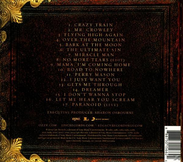 Rückseite des Ozzy Osbourne Albums: Titelliste, Ozzy.com, Epic Records, Legacy Recordings.