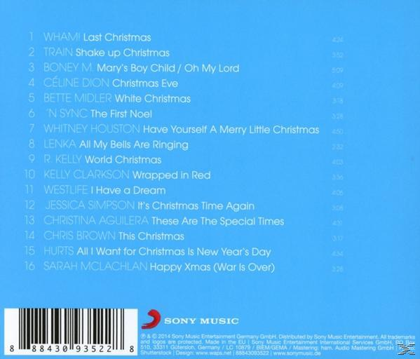 CD-Cover mit blauem Hintergrund. Trackliste enthält Weihnachtslieder mit Künstlern und Zeiten.