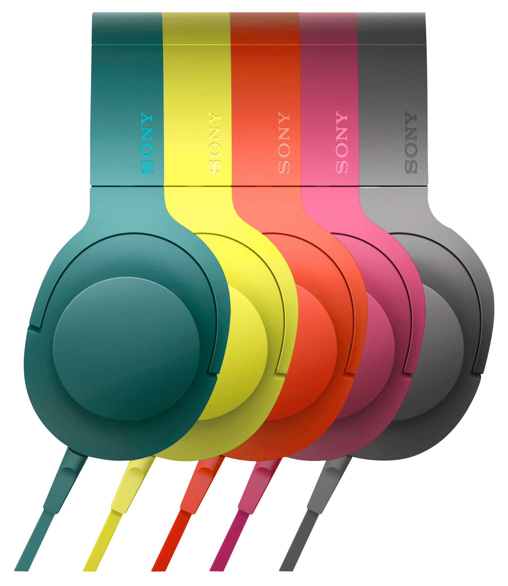 Sechs bunte Kopfhörer mit dem SONY-Logo. Die Kopfhörer sind grün, gelb, orange, pink und grau.