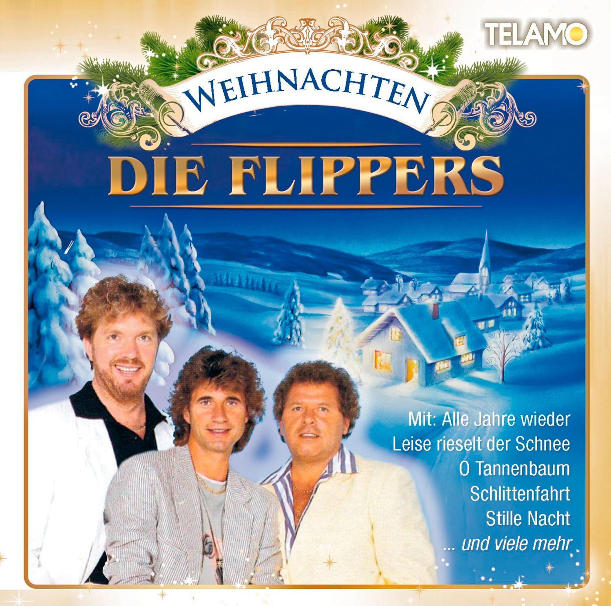 CD-Cover mit drei Männern und Text in Blau mit Weihnachtsthema: Die Flippers.