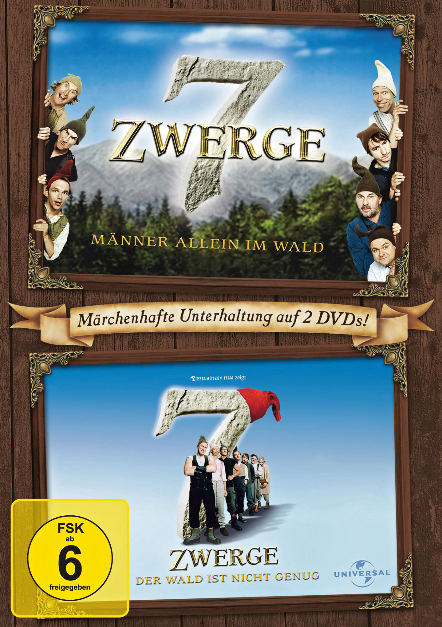 DVD-Cover: Zwei Rahmen mit Zwergen, einem Wald und Text. FSK 6-Rating.