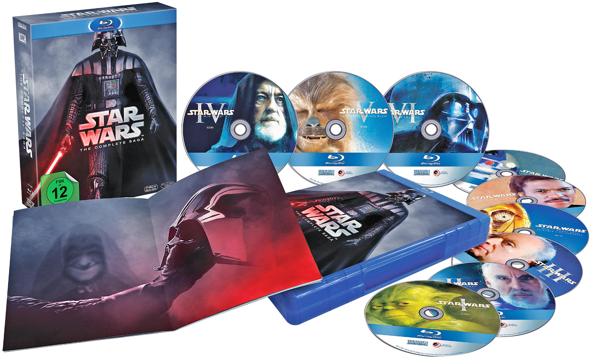 Star Wars Blu-ray-Box-Set mit Darth Vader auf dem Cover und verschiedenen Disc-Covern.