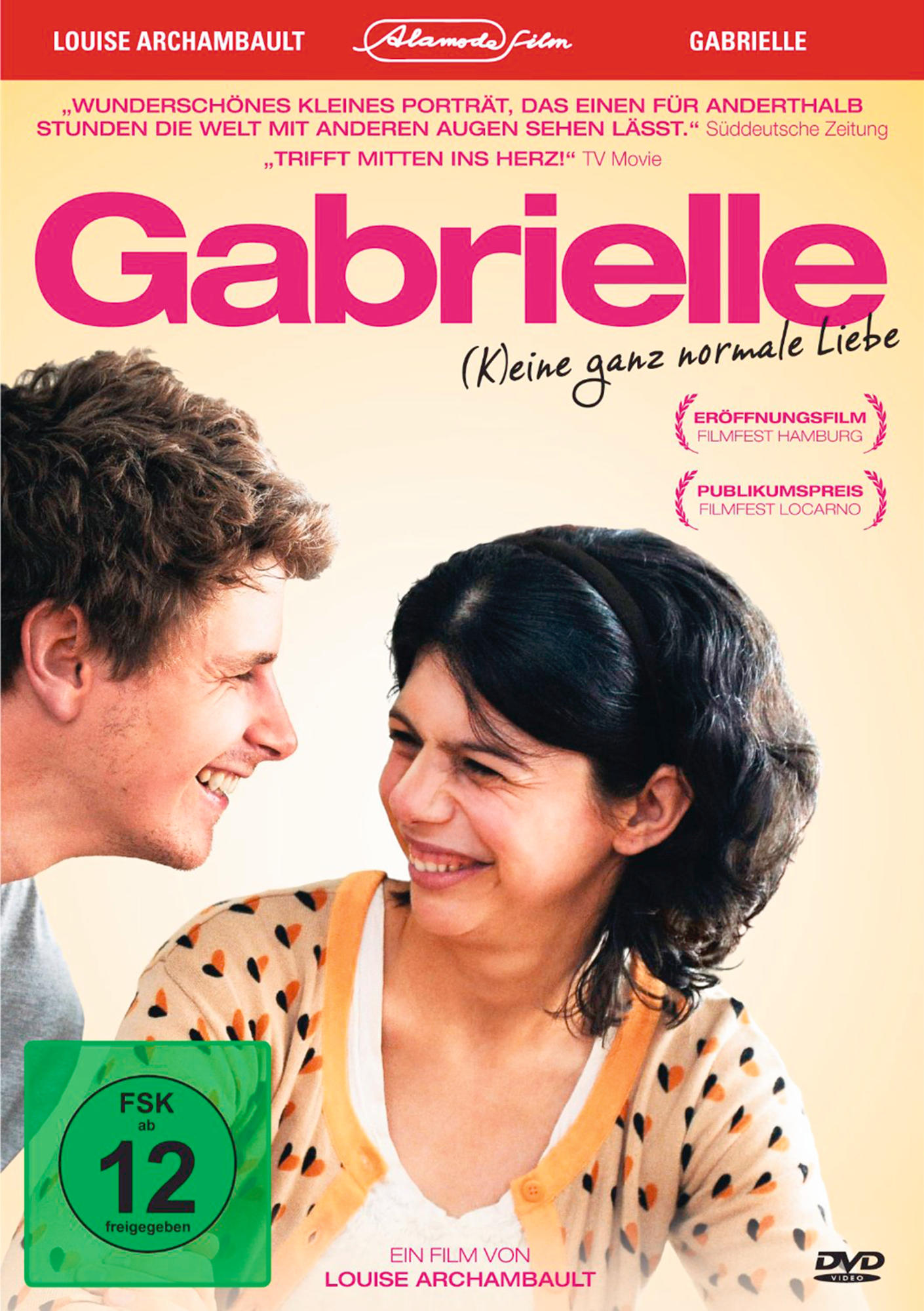 DVD-Cover von "Gabrielle". Lächelndes Paar. Grünes Rating-Logo. Filmfestival-Auszeichnungen.