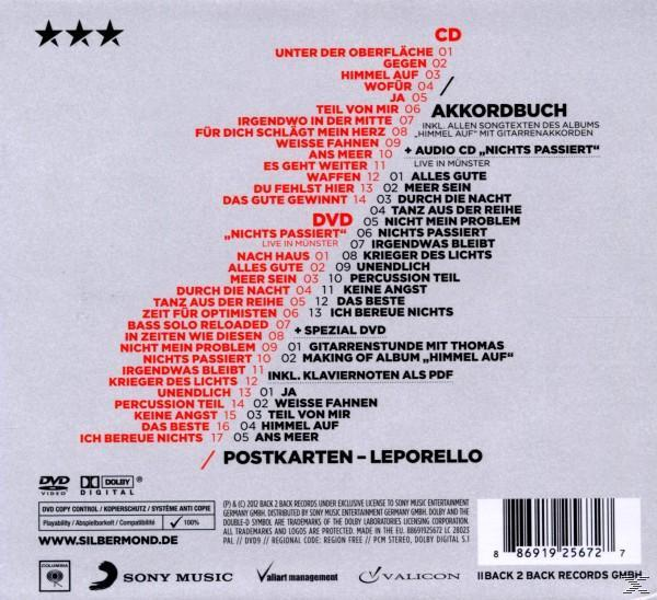 Albumcover, Schwarzweiß, deutscher Text, Trackliste und ein DVD-Logo.