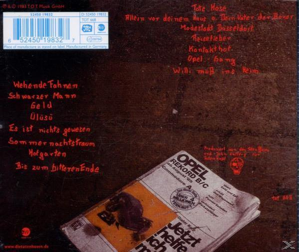 Rückseite einer CD mit deutschen Songtiteln, einem Barcode und einer Zeitung.
