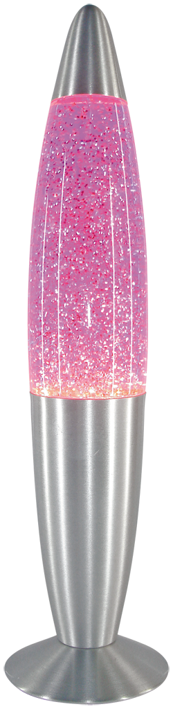 Egy lávalámpa ezüst alappal és tetővel. A benne lévő folyadék rózsaszín, csillogó csillámokkal.