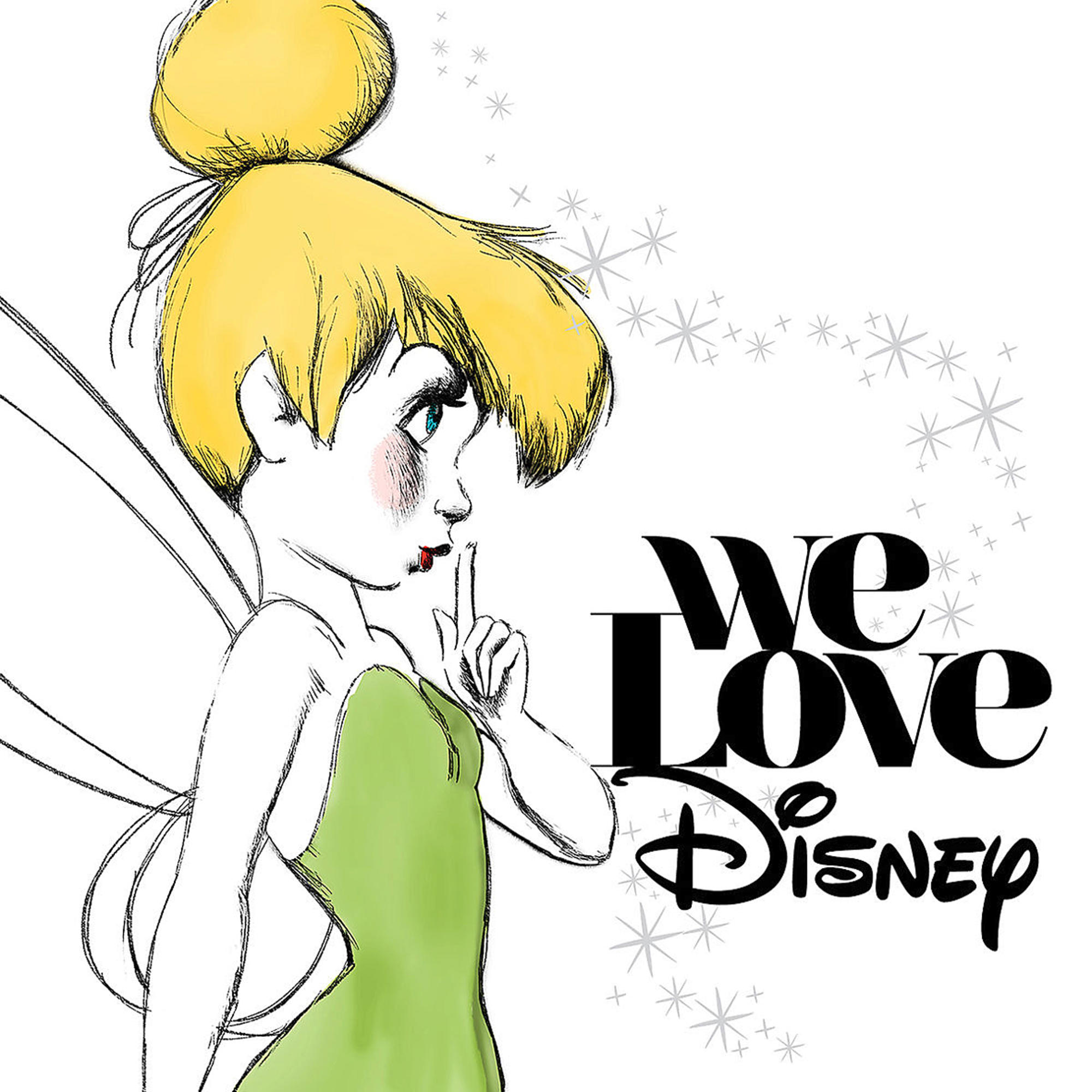 Illustration von Tinkerbell mit grünem Kleid, Finger auf den Lippen. Text sagt 'We Love Disney'.