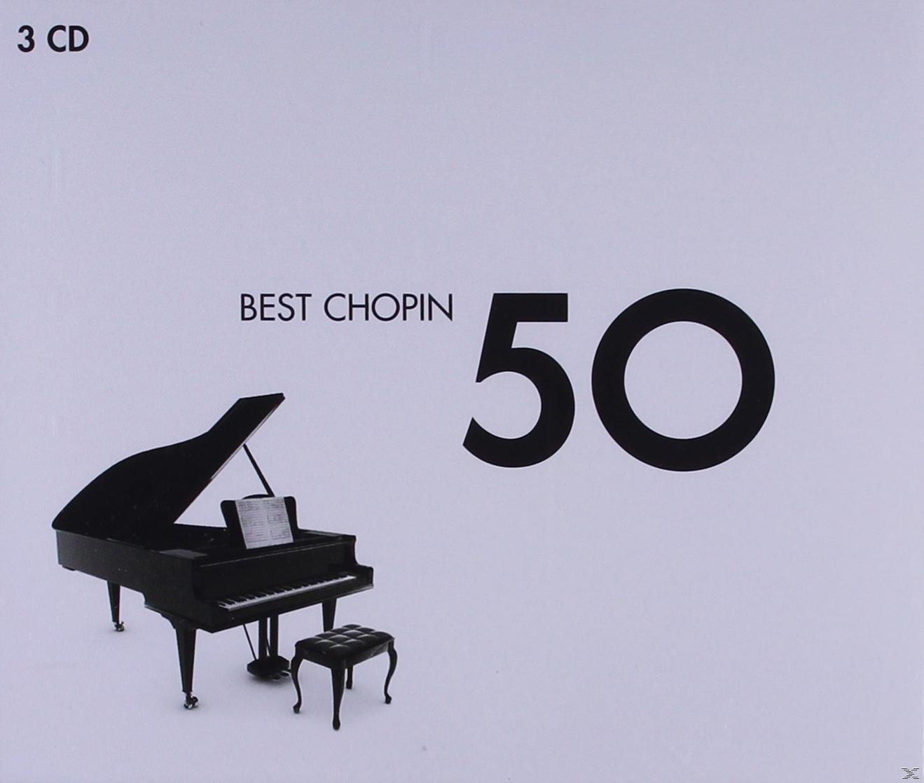 Albumcover mit einem schwarzen Klavier und Hocker. Der Text lautet 'BEST CHOPIN 50'. Weißer Hintergrund. 3 CD-Label.