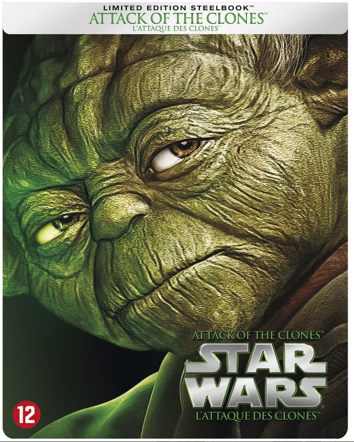 DVD-hoes voor Star Wars: Attack of the Clones, met Yoda. Groene huid, bruine ogen. Limited Edition Steelbook.