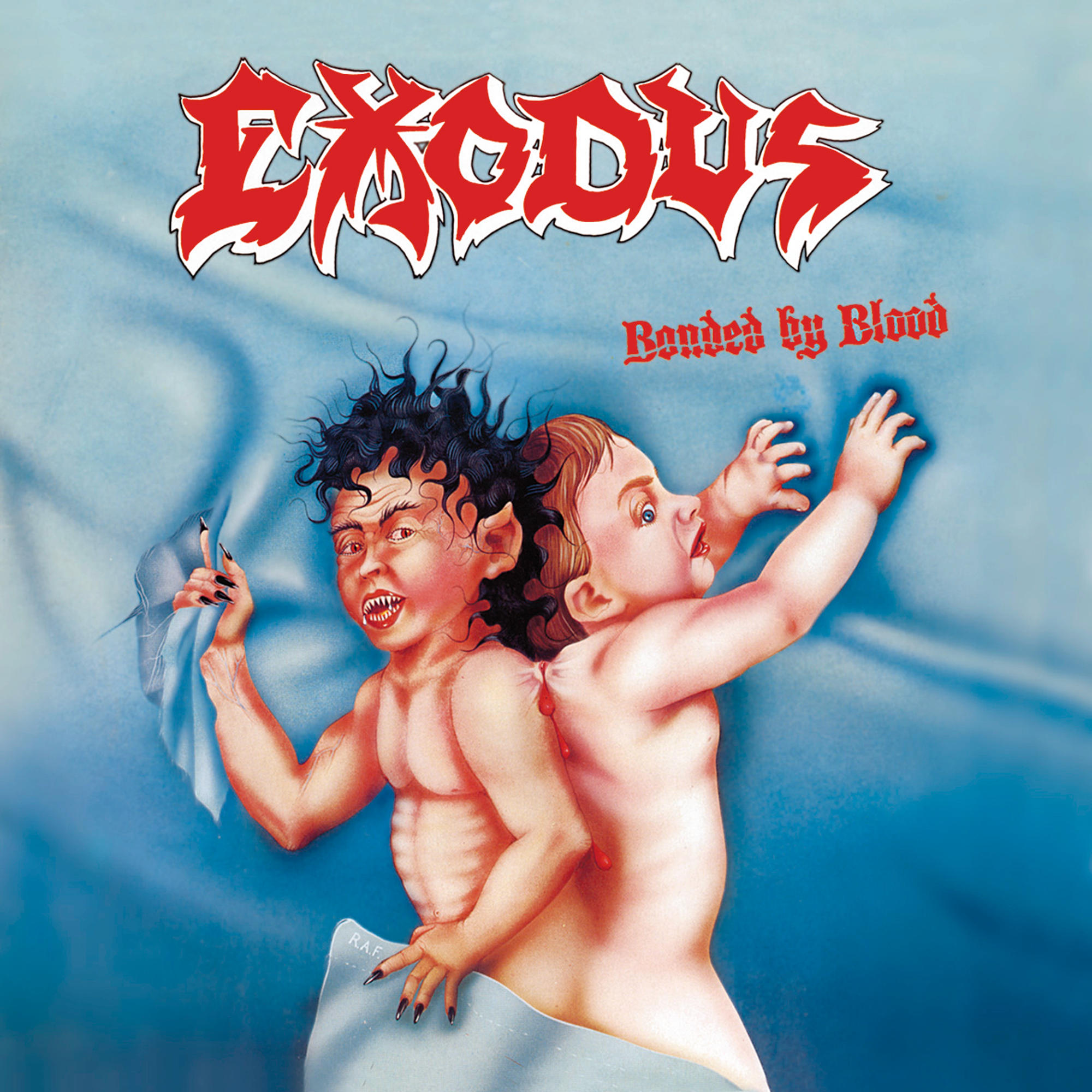Albumcover von Exodus - Bonded by Blood mit zwei grotesken, deformierten Babys.