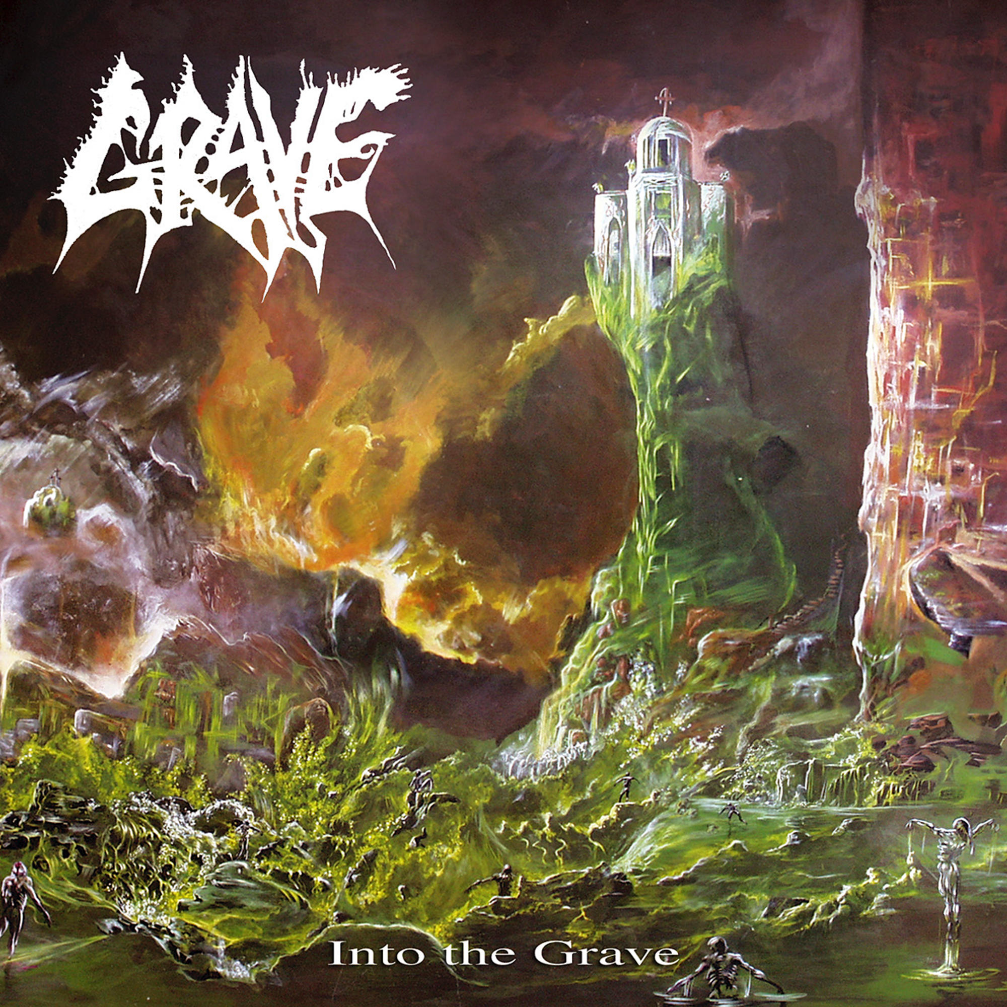 Heavy-Metal-Albumcover, Grave, zeigt eine dunkle Fantasy-Landschaft mit Burg und Figuren.