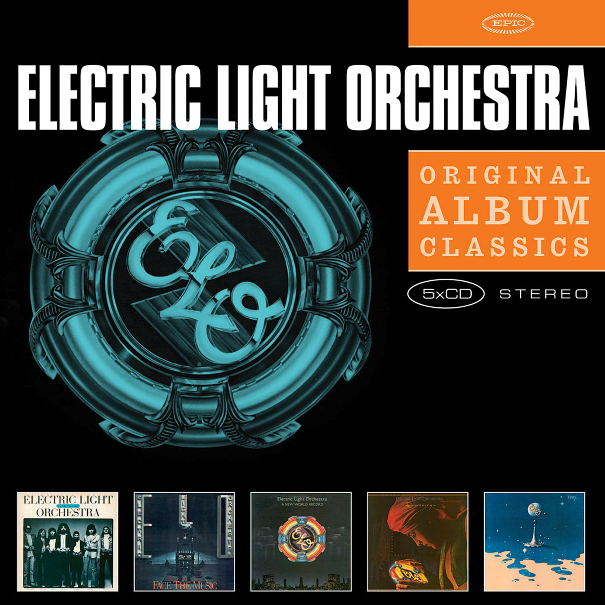 Albumcover. Electric Light Orchestra-Logo in blauem Kreis. Fünf kleinere Albumcover unten.