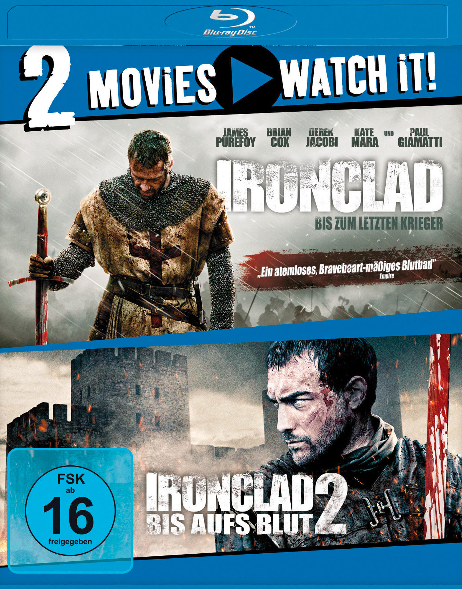 DVD-Cover von 'Ironclad' und 'Ironclad 2' mit Kriegern und Burg.