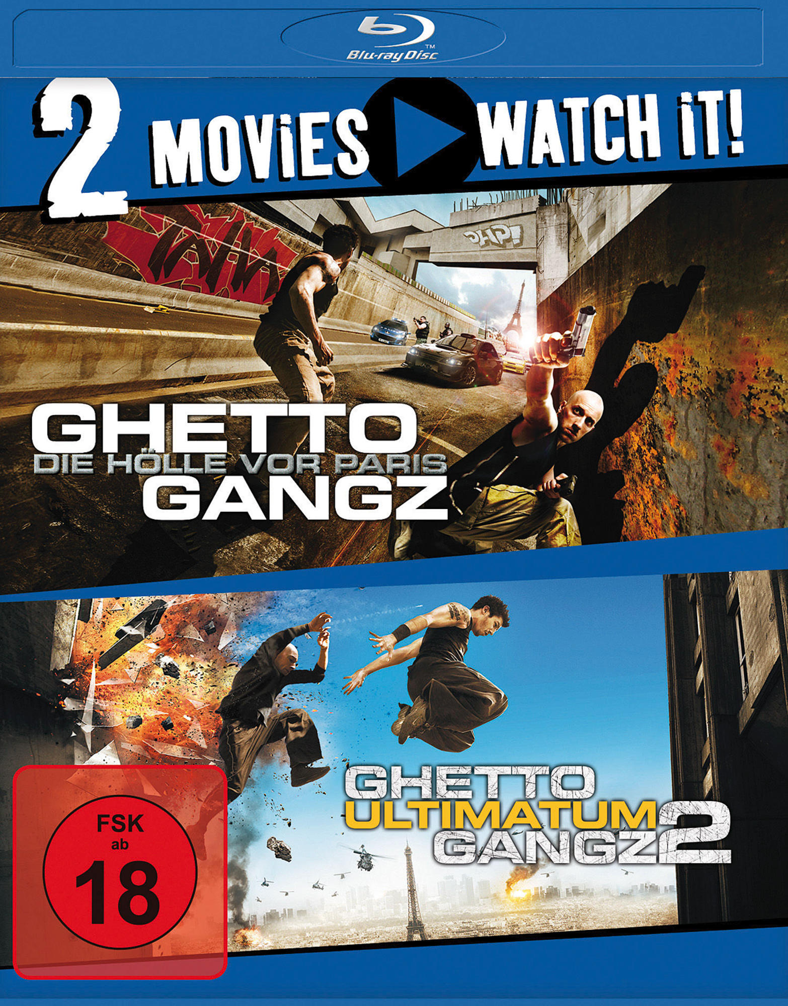 DVD-Cover, Ghetto Gangz 1&2, zwei Filme. Action-Szenen, Straßenszene.