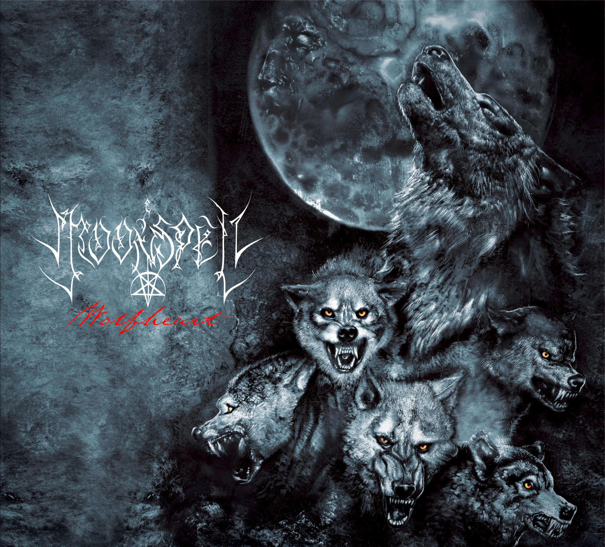 Albumcover mit heulenden Wölfen, Vollmond und gotischer Schrift. Der Titel lautet Moonspell. Das Album trägt den Titel Wolfheart.