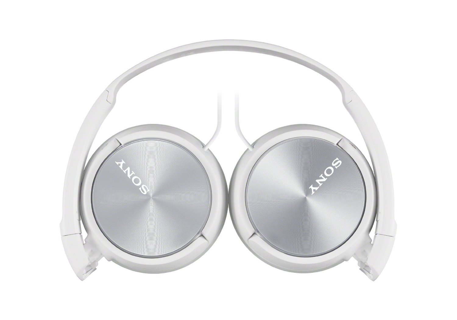 Witte Sony-koptelefoon, opgevouwen. Zilveren oorschelpen met 'SONY' erop.