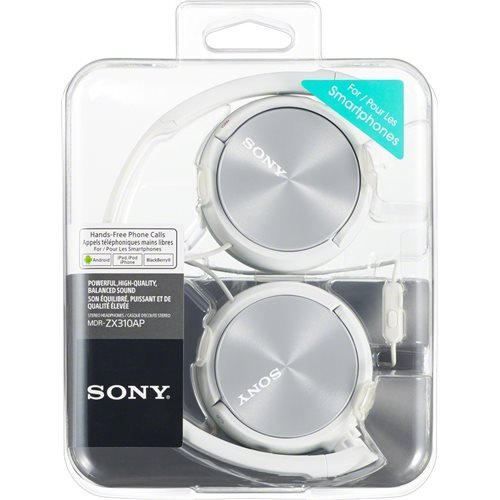 Witte Sony hoofdtelefoon in een doorzichtige plastic verpakking, met tekst op de voorkant.