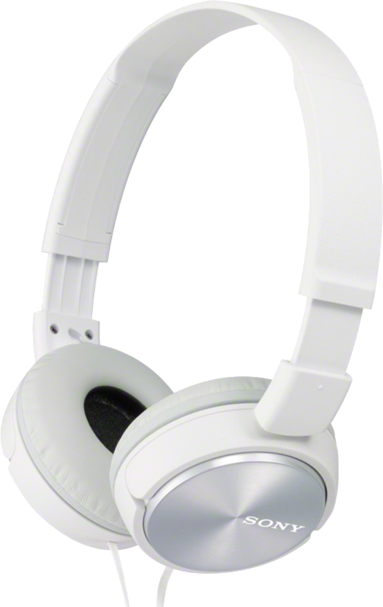 Witte Sony-hoofdtelefoon op een zwarte achtergrond. De hoofdtelefoon heeft een zilveren oorschelp.