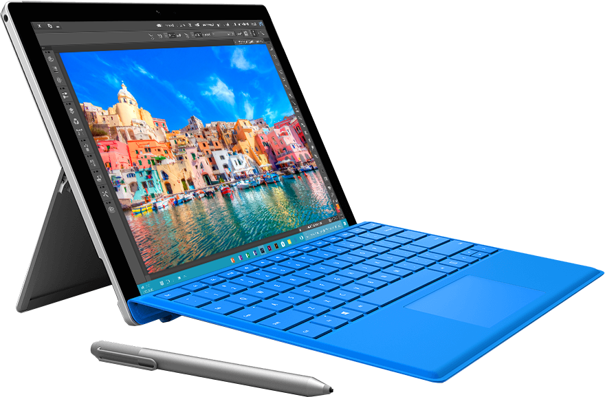 Laptop mit blauer Tastatur und Bildschirm mit bunten Gebäuden. Silberner Stift links neben dem Gerät.