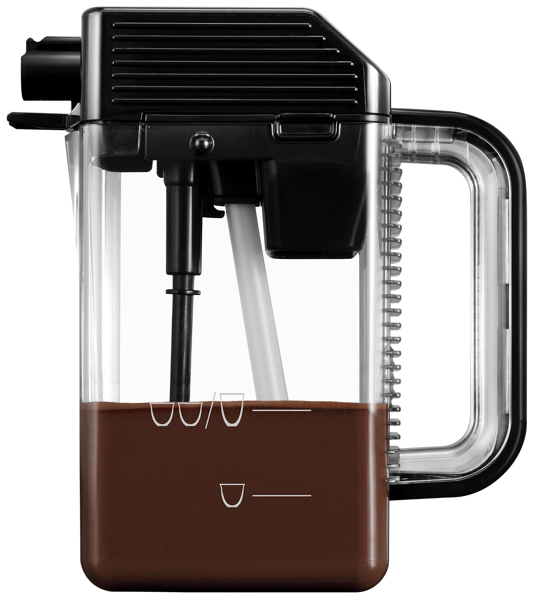 A clear water reservoir with brown liquid inside. Black plastic top and handle. White lines indicate water level.