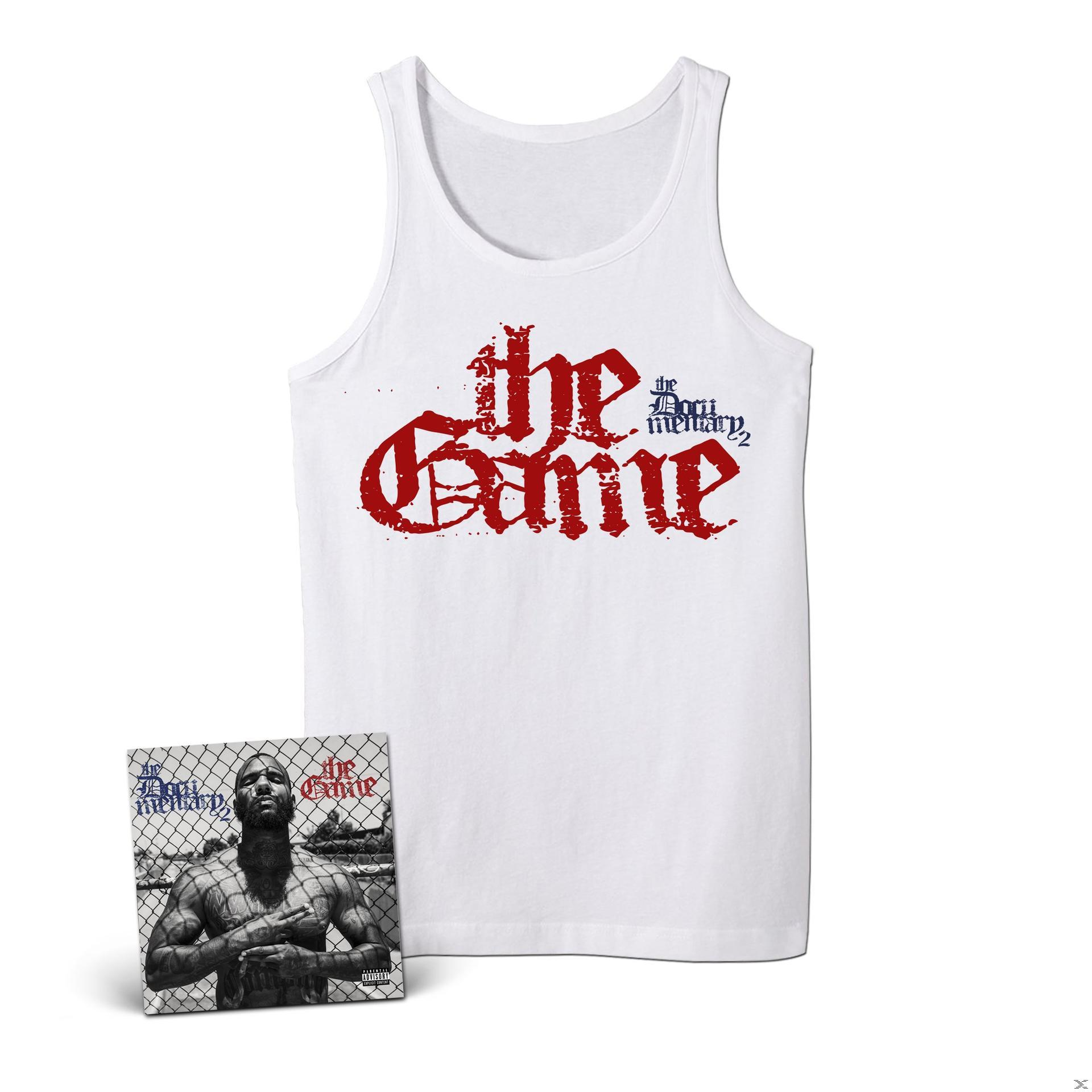 Weißes Tanktop mit rotem Text 'the Game' und CD-Cover mit einem Mann im Zaun.