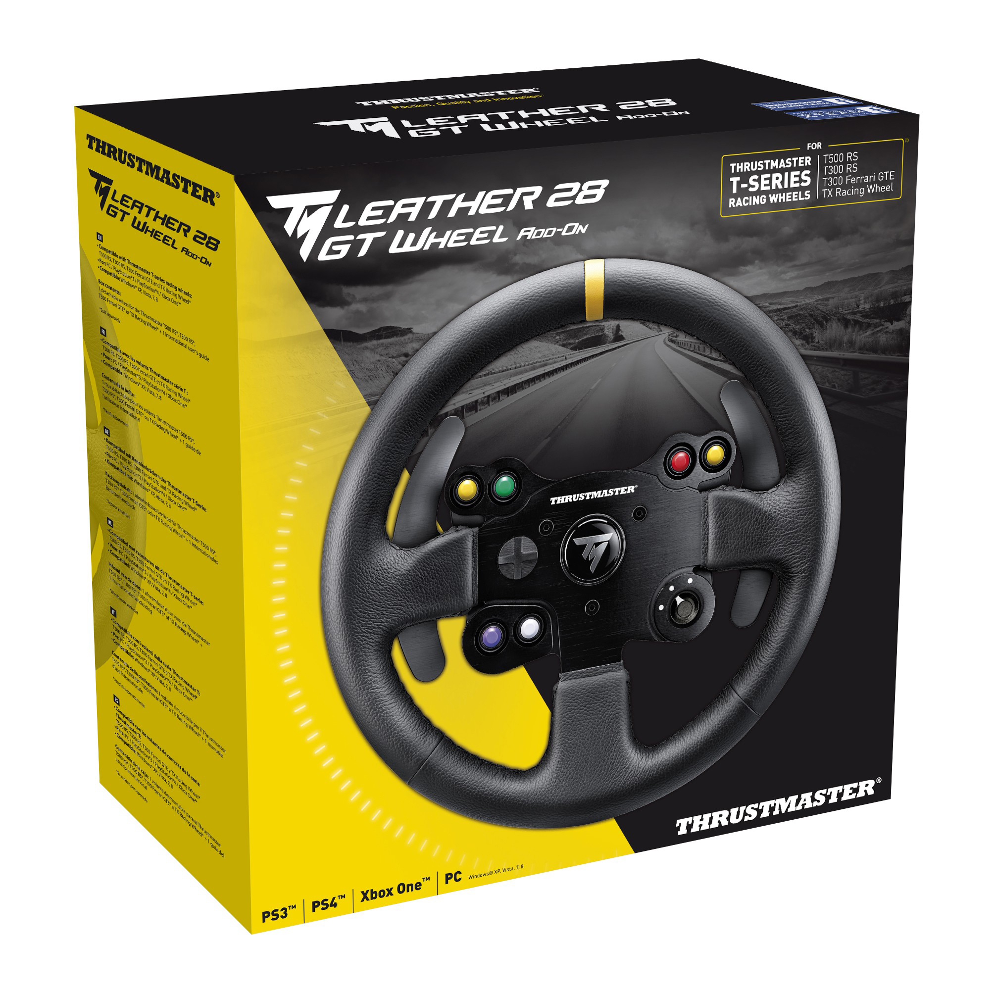 Lenkrad-Add-On-Box für Thrustmaster. Lenkradbild auf der Box, schwarz und gelb.