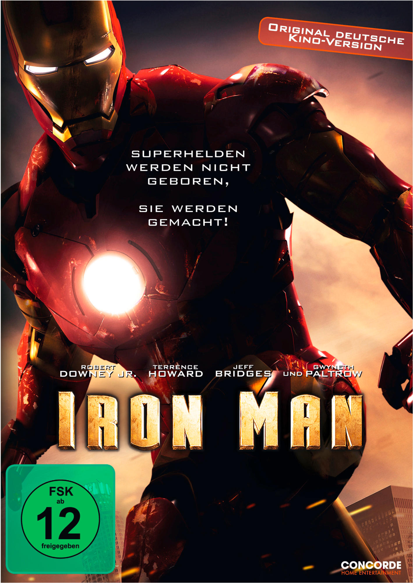 Iron Man DVD-Cover. Zeigt Iron Man in roter Rüstung, mit gelbem Text und der Stadt im Hintergrund.